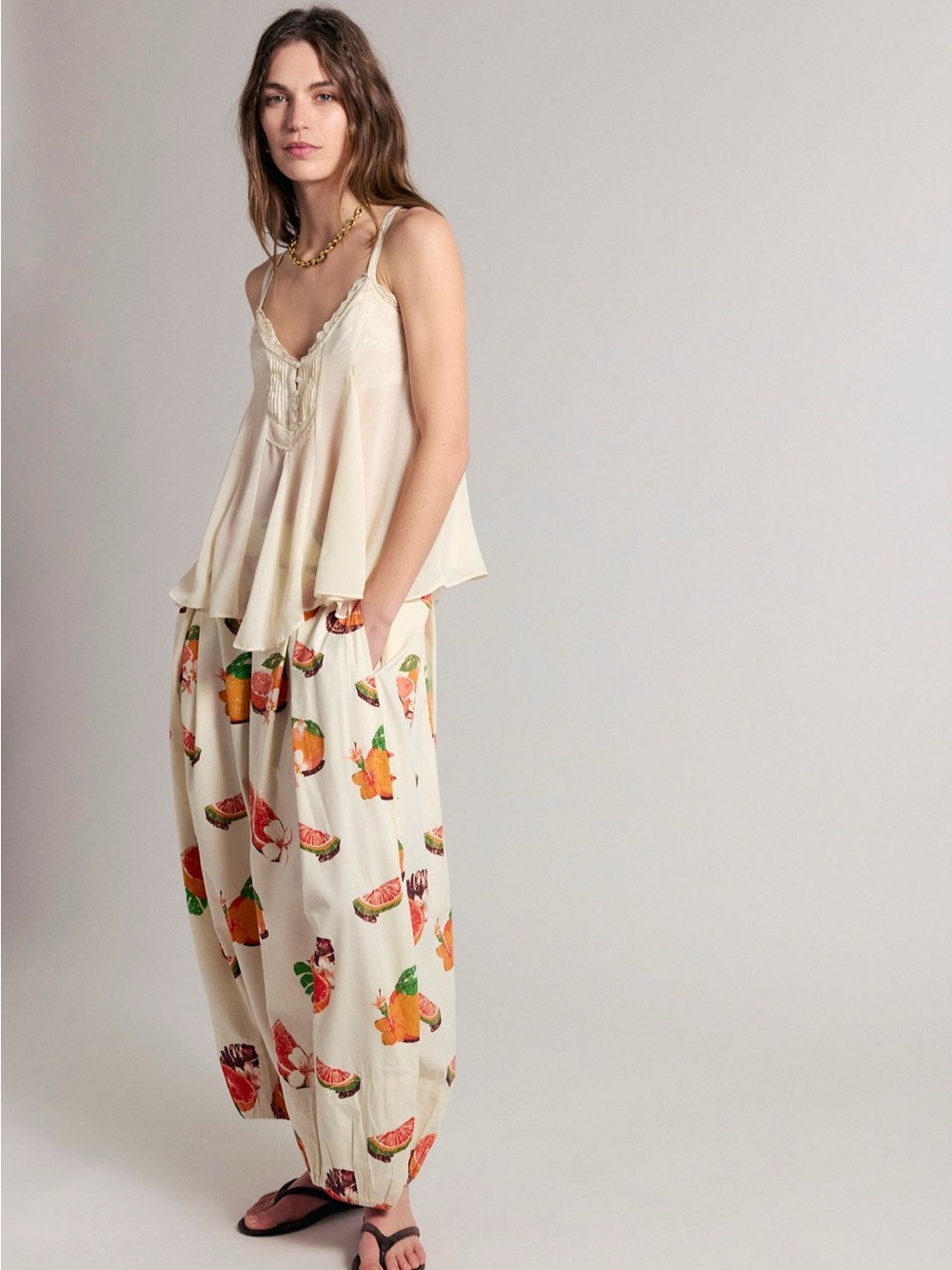 Free People Cream Wide-Leg Fruit Print Pants